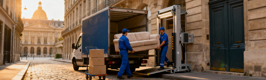 Déménageurs transportant un canapé dans une rue étroite du 1er arrondissement parisien avec monte-meuble et Palais Royal en fond