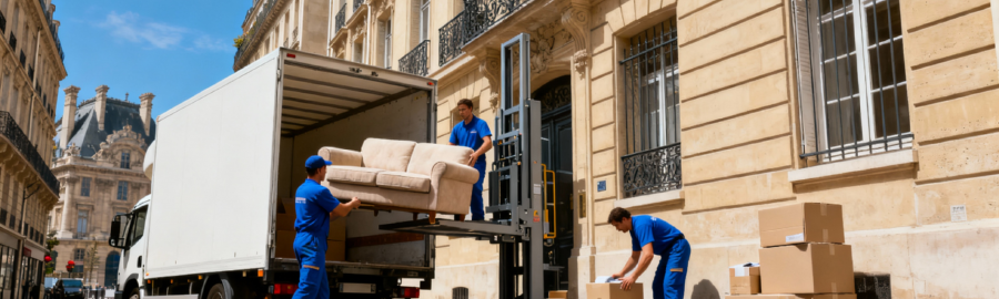 Déménageurs professionnels utilisant un monte-meuble dans une rue étroite du 1er arrondissement de Paris devant un immeuble haussmannien