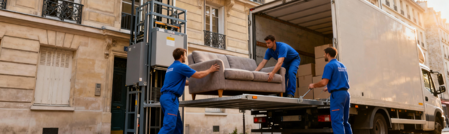 demenagement-paris-monte-meuble-immeuble-haussmannien Déménageurs utilisant un monte-meuble sur un immeuble parisien haussmannien, rue étroite avec camion, contraintes typiques d'un déménagement à Paris