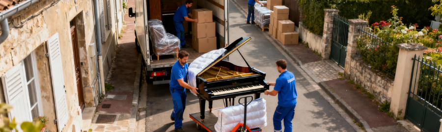 Déménageurs professionnels transportant un piano protégé dans une rue étroite de Torcy, illustrant la logistique adaptée aux objets fragiles