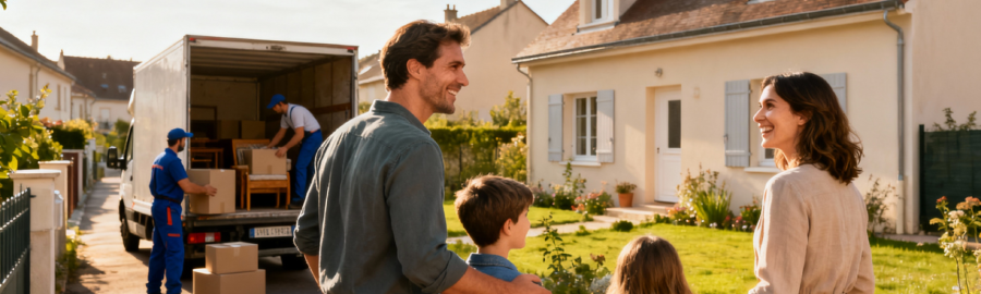 Famille emménageant dans une maison à Pontault-Combault avec camion de déménagement et déménageurs déchargeant des cartons