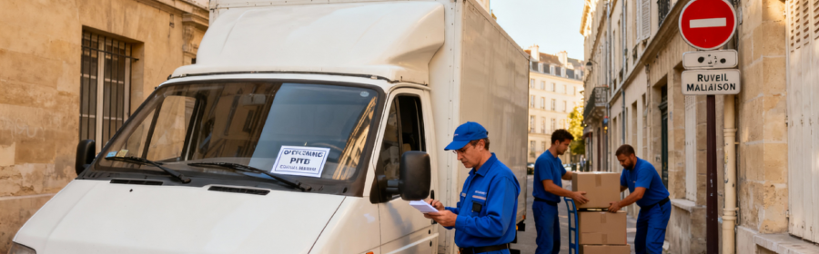 demenagement-rueil-malmaison-autorisation-stationnement Camion de déménagement avec autorisation de stationnement dans une rue étroite du centre historique de Rueil-Malmaison