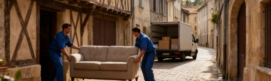 Déménageurs transportant un meuble dans une étroite ruelle médiévale de Provins, avec camion adapté aux contraintes patrimoniales