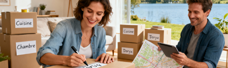 Couple organisant leur déménagement à Torcy, étiquetant des cartons et consultant un plan de la ville avec vue sur le lac