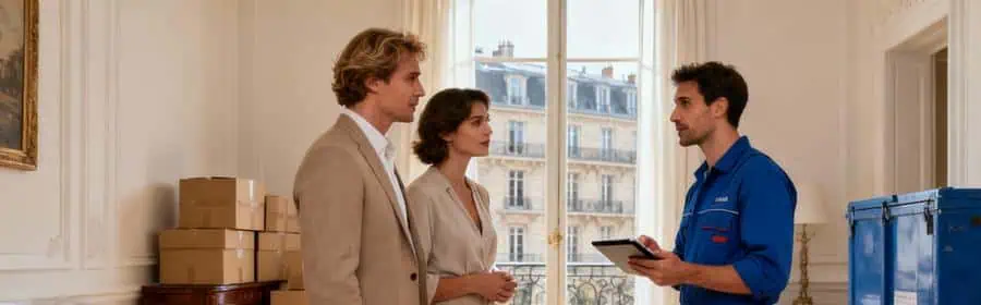 Couple consultant un déménageur professionnel pour un devis dans un appartement haussmannien à Neuilly-sur-Seine