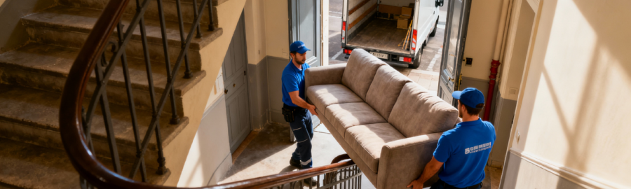 demenageurs-escalier-acces-difficile-lyon Déménageurs transportant un canapé dans un escalier étroit d'immeuble lyonnais, illustrant les difficultés d'accès en ville