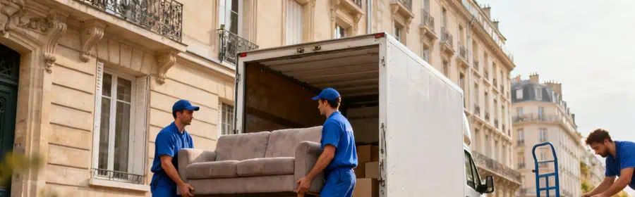 Équipe de déménageurs professionnels transportant meubles et cartons vers un camion dans une rue résidentielle d'Asnières-sur-Seine