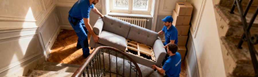 Déménageurs professionnels transportant un canapé dans un escalier étroit d'immeuble haussmannien du 1er arrondissement parisien