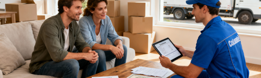 Déménageurs professionnels fiables à Colombes – Devis Couple consultant un déménageur professionnel à Colombes qui présente des documents d'assurance et un devis détaillé