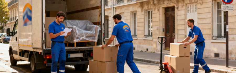 Déménageurs professionnels à Rueil-Malmaison – Intervention Équipe de déménageurs professionnels en action à Rueil-Malmaison avec camion, équipement spécialisé et autorisation de stationnement