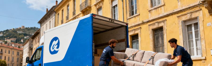 Un réseau de déménageurs fiables et une couverture complète du 42 Déménageurs professionnels déchargeant mobilier d'un camion devant immeuble ancien à Saint-Étienne dans la Loire