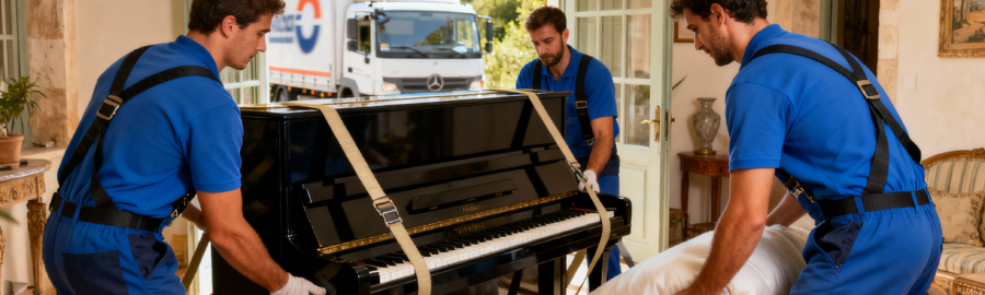 Équipe de déménageurs professionnels manipulant soigneusement un piano à Provins avec équipement spécialisé et camion en arrière-plan