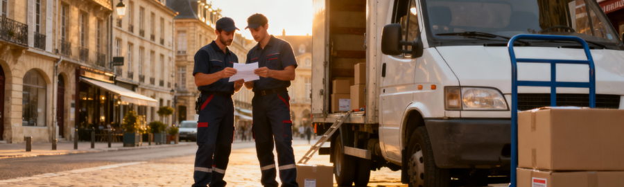 Déménageurs avec camion dans une rue pavée du centre historique de Fontainebleau, consultant une autorisation de stationnement