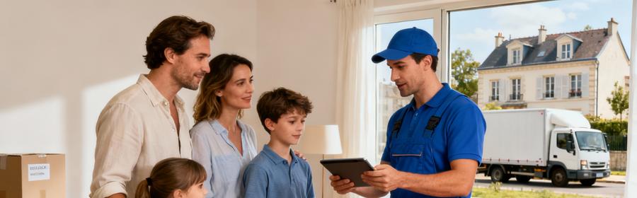 Formules de déménagement pour famille – Consultation professionnelle Famille consultant un déménageur professionnel pour choisir une formule adaptée, cartons emballés et camion visible par la fenêtre
