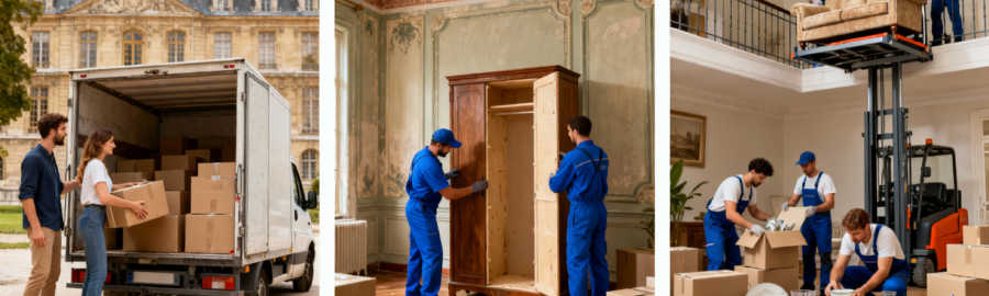 Trois formules de déménagement à Fontainebleau : économique avec auto-chargement, standard avec démontage, et confort avec monte-meuble