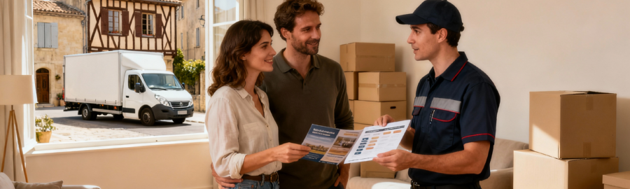 Couple consultant différentes formules de déménagement avec un conseiller à Provins, vue sur les ruelles médiévales et camion