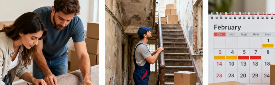 Informations pour devis de déménagement – Volume, accès et date Triptyque montrant la mesure du volume des meubles, l'évaluation des accès difficiles et un calendrier des périodes optimales pour déménager