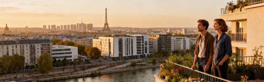 Vue panoramique d'Issy-les-Moulineaux avec la Seine, immeubles modernes et Paris en arrière-plan, couple contemplant leur nouveau quartier