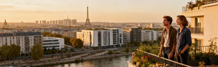 Vue panoramique d'Issy-les-Moulineaux avec la Seine, immeubles modernes et Paris en arrière-plan, couple contemplant leur nouveau quartier