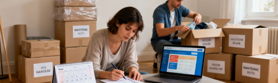 preparation-demenagement-checklist-nanterre Couple préparant leur déménagement à Nanterre avec checklist, cartons étiquetés et calendrier, dans une ambiance organisée