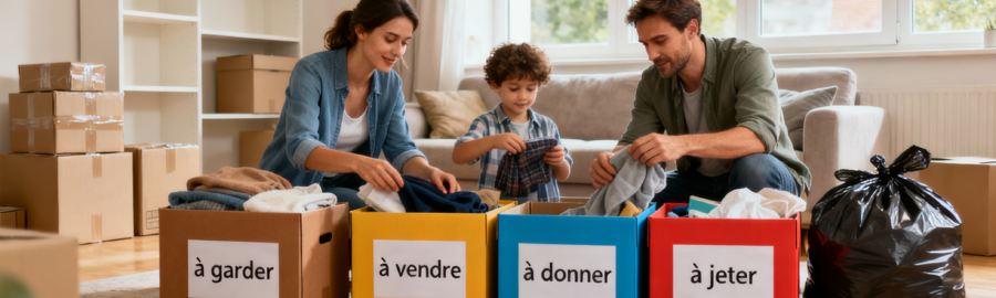 Famille triant méthodiquement ses affaires en quatre catégories avec différents cartons lors de la préparation d'un déménagement
