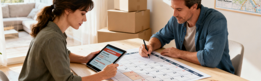 Préparation et rétro-planning de déménagement à Rueil-Malmaison Couple préparant un rétroplanning de déménagement pour Rueil-Malmaison avec cartons et devis, organisation trois mois à l'avance