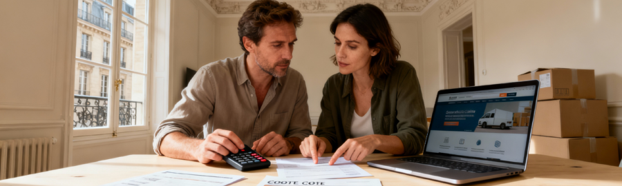 Prix de déménagement à Paris – Comparaison de devis Couple parisien comparant des devis de déménagement dans leur appartement, calculant le budget pour leur déménagement à Paris