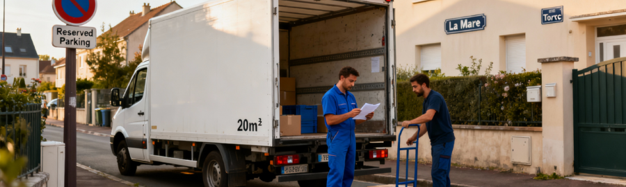 Camion de déménagement dans une rue étroite de Torcy avec déménageurs consultant une autorisation de stationnement municipale