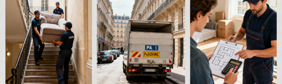 Tarifs de déménagement à Paris – Critères de coût Triptyque illustrant les facteurs de coût d'un déménagement parisien : escaliers sans ascenseur, stationnement difficile et devis personnalisé