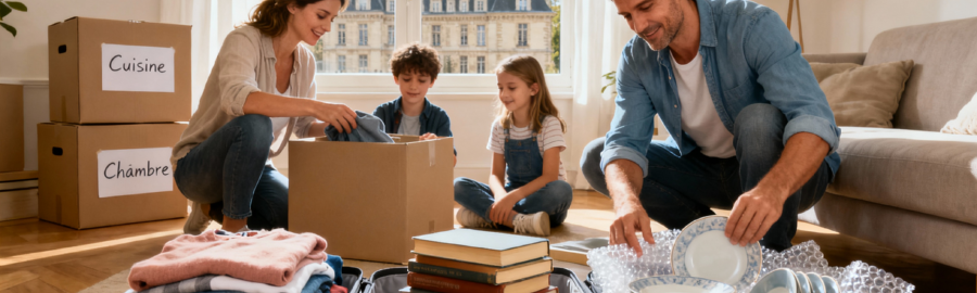 Famille triant méthodiquement ses affaires par catégories dans un salon à Fontainebleau, préparant cartons étiquetés pour déménagement