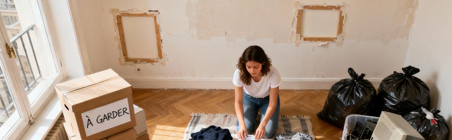 Tri des affaires et préparation du déménagement à Asnières-sur-Seine Femme triant ses affaires en trois catégories avant déménagement à Asnières-sur-Seine, avec cartons, objets à donner et à jeter