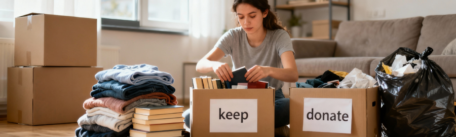 tri-affaires-preparation-demenagement-melun Femme triant méthodiquement ses affaires en trois catégories avant déménagement, entourée de cartons vides dans un appartement lumineux