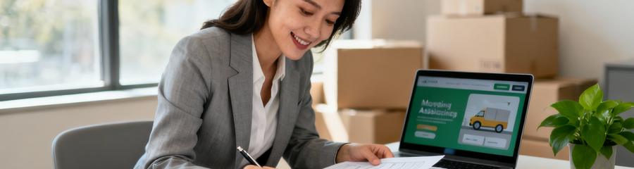 Femme consultant documents aides déménagement, démarches administratives CAF et organismes