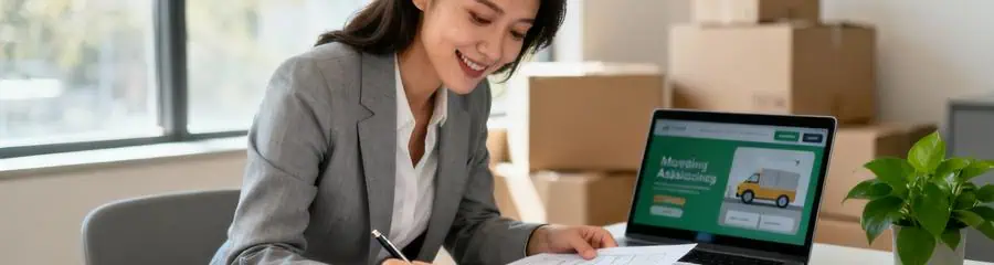 Femme consultant documents aides déménagement, démarches administratives CAF et organismes