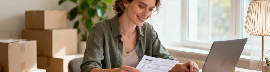 Femme consultant documents aides financières déménagement, recherche administrative organisée