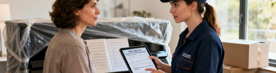 Déménageuse expliquant assurance transport piano à cliente, conseil professionnel protection instrument
