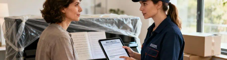 Déménageuse expliquant assurance transport piano à cliente, conseil professionnel protection instrument