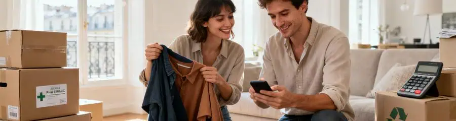 Couple triant affaires avec cartons gratuits, préparation déménagement économique à Paris