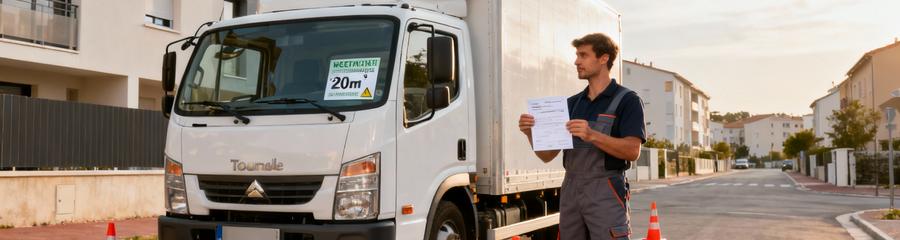 Déménageur affichant arrêté municipal sur camion, autorisation stationnement réglementaire Tournefeuille