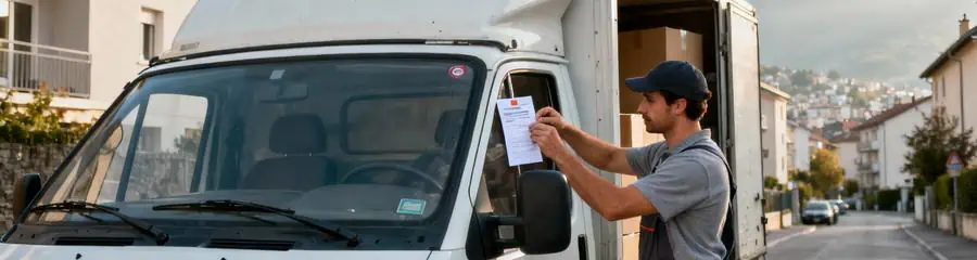Déménageur affichant autorisation stationnement pare-brise camion, conformité réglementaire urbaine
