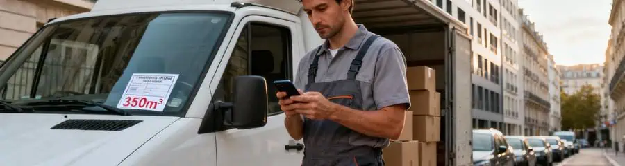 Déménageur vérifiant autorisation stationnement devant camion, rue parisienne réglementée