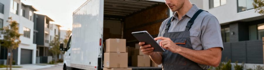 Déménageur consultant tablette pour devis, planification budget déménagement professionnel