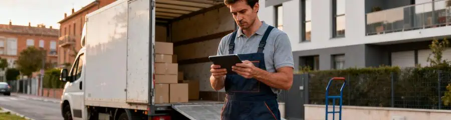 Déménageur consultant tablette pour établir devis, évaluation professionnelle budget déménagement Toulouse