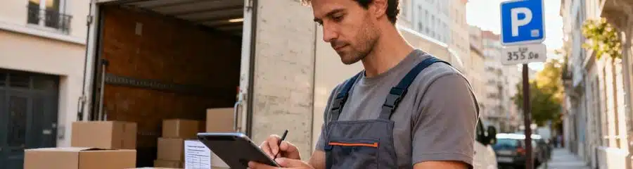 Déménageur consultant devis sur tablette, planification budget déménagement Lyon 3ème