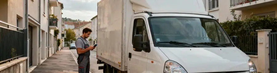 Camion déménagement stationné rue étroite résidentielle, déménageur consultant itinéraire urbain