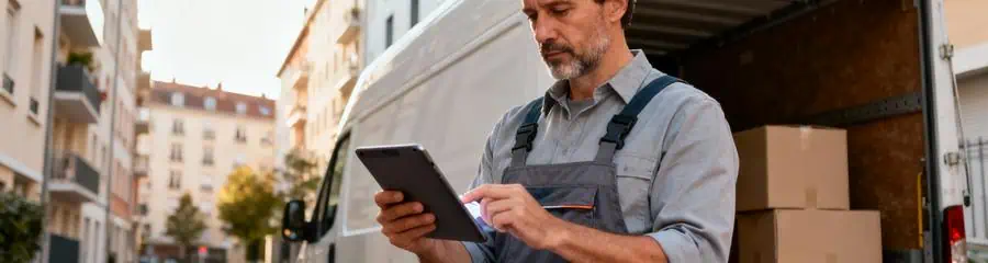 Déménageur vérifiant checklist sur tablette devant camion, préparation professionnelle Lyon