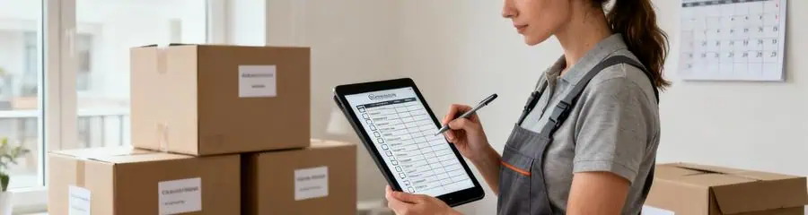Professionnelle consultant checklist déménagement, organisation finale méthodique avec cartons étiquetés