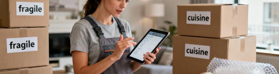 Déménageuse consultant checklist numérique, organisation méthodique avec cartons étiquetés