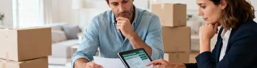 Couple comparant devis déménageurs sur tablette, choix professionnel éclairé Lyon