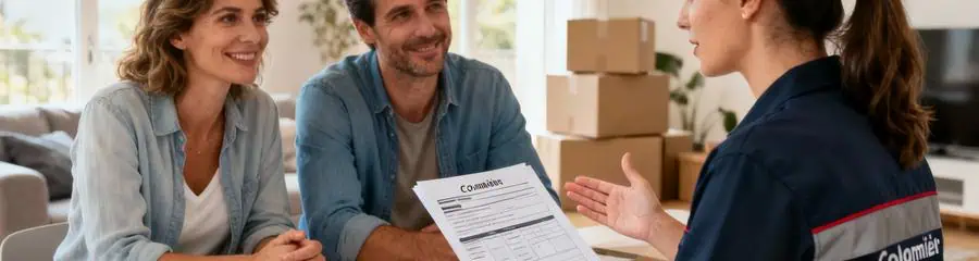 Déménageuse présentant devis détaillé à clients, conseil professionnel transparent pour choix entreprise Colomiers